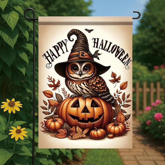 12 x 18 Inch Halloween Garden Flag Owl Pumpkin Witch Hat Outdoor Yard Decoration Double Sided Happy Halloween Banner for Outside Decorations Garden Yard Autumn Harvest Holiday Theme
