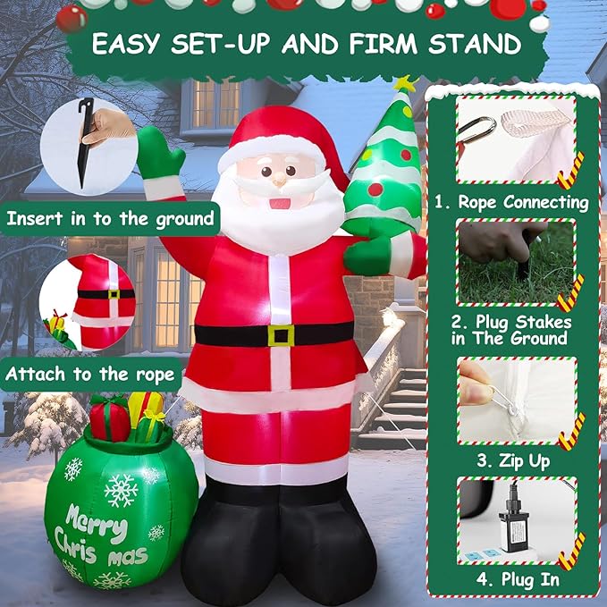 8FT Christmas Inflatables Santa Claus with Christmas Tree ＆ Gift Bag Christmas Blow up Decoration with Built-in 6 LED Lights Large Xmas Blow up Santa Claus for Yard Party, Xmas New Year Kids Gifts