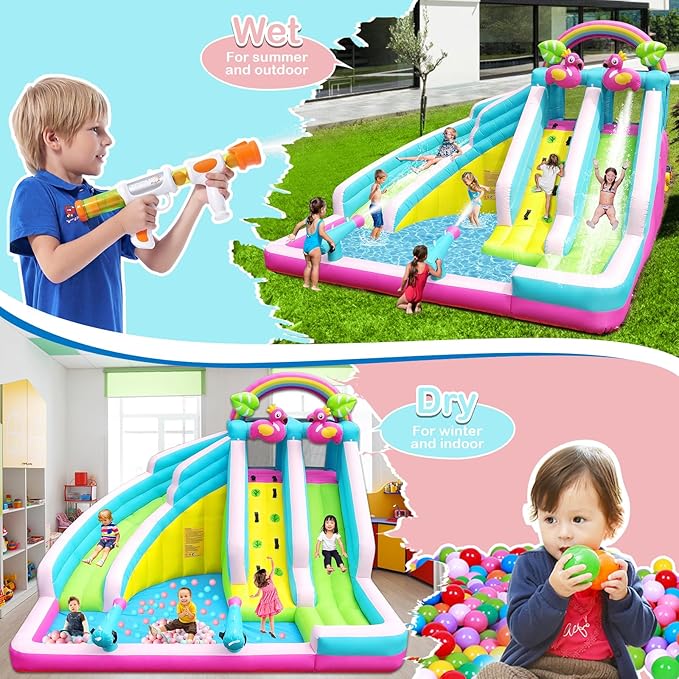 Inflatable Water Slide, 6 in 1 Blow Up Water Park Aged 3-10, Flamingo Style Water Bounce House with Double Long Slides, Splash Pool, 580W Blower Waterslide for Kids and Adults Backyard