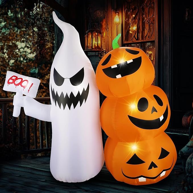 6Ft Halloween Inflatable Ghost Hammer Pumpkin Outdoor Decor with Build-in LEDs Blow Up Inflatable for Party Indoor Outdoor Garden Lawn Yard