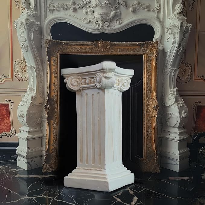 Elegant Classical Greek Roman Ionic Order Vintage Weathered Column Pedestal Decorative Display Stand for Statues Plants, or Vases Perfect for Home Decor and Event Settings, White