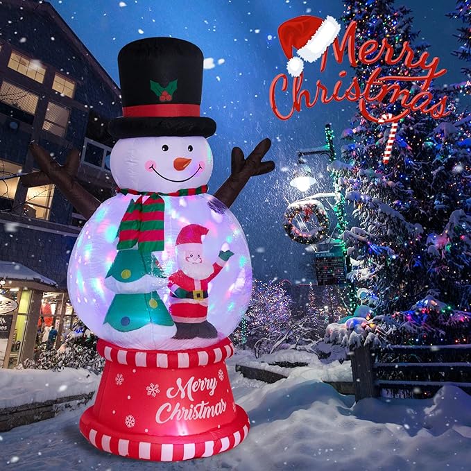 8 Ft Height Christmas Inflatables Snowman Globes with Christmas Tree and Santa Claus Decorations, Inflatables Snowman Globe Blow up with Built-in LED Lights for Party Outdoor Yard