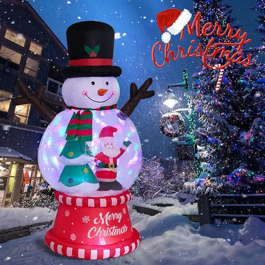 8 Ft Height Christmas Inflatables Snowman Globes with Christmas Tree and Santa Claus Decorations, Inflatables Snowman Globe Blow up with Built-in LED Lights for Party Outdoor Yard