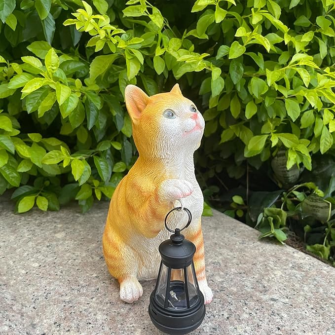 Garden Decor Solar Cat Statues with Solar Lantern Outdoor Decor Lovely Tabby cat Figurine Halloween Yard Decoration Spooky Lawn and Garden Decor Holiday Party Ornament for Cat Lovers