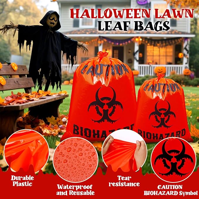 12 Pcs Large Halloween Leaf Bags Biohazard Halloween Decorations Halloween Trash Bags for Leaves Plastic Yard Lawn Waste Bags Scientist Biohazard Bags Outdoor Biohazard Zombie Party Decorations (Red)