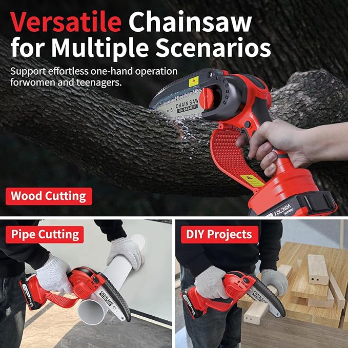 Cordless Mini Chainsaw 6-Inch with Electronic Oil Outlet & LCD Display, 900W 2000mAh Battery, Portable Handheld Electric Chainsaw for Tree Cutting, Courtyard, Garden (2 Batteries Included)