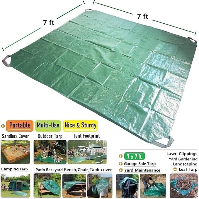 7x7 Ft Yard Garden Leaf Tarp W/ 4 Handles Waterproof Tarp for Sandbox Cover,Outdoor Tarpaulin,Lawn Debris,Landscape Pruning,Leaf Hauler,Tent Footprint,Camping Tent Mat,Patio Table,Yard Fire Pit Cover