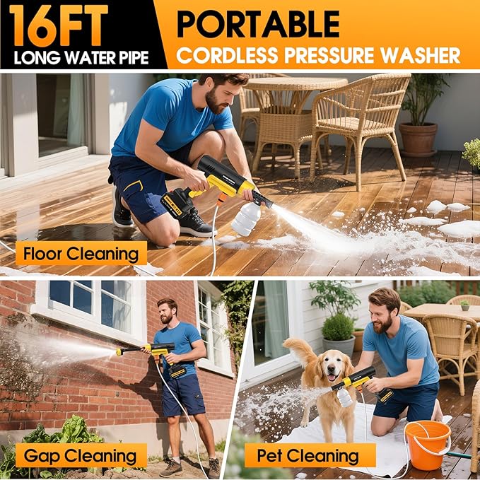 Cordless Pressure Washer, 21V Portable Pressure Washer Cordless, 130Bar Powerful car Washer with 2 * 3.0AhBattery&Multifunctional Nozzle, for Cars/Floors/Gardens