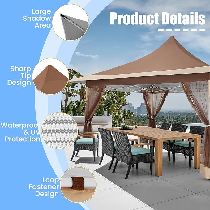 COBIZI 12x12 Pop up Canopy Gazebo on Clearance, Outdoor Canopy Tent with Mosquito Netting & Waterproof Roof & Sandbags & Carrying Bag,Patio Portable Gazebo for Garden,for Backyard,Brown