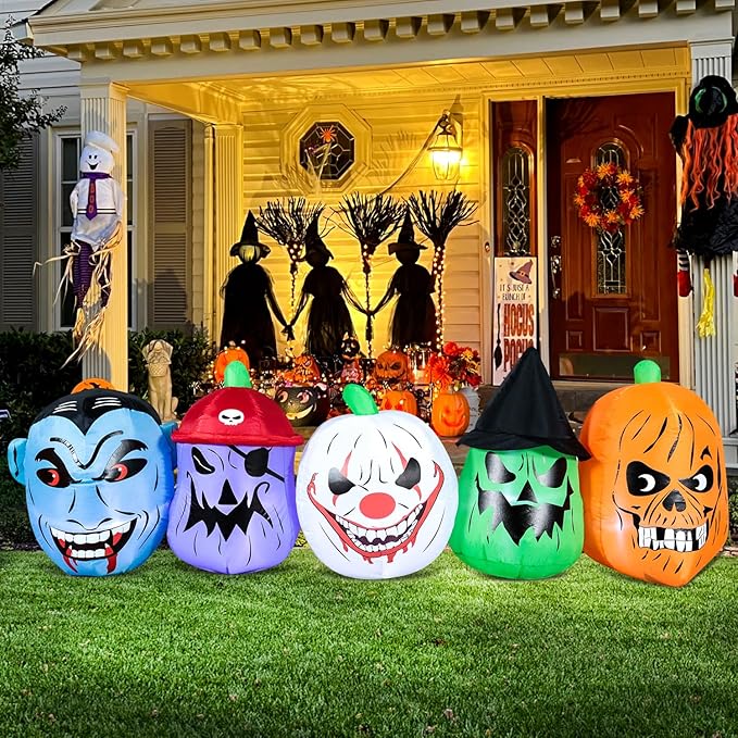 DomKom Halloween Inflatable Blow Up Decorations, 8FT Vampire Pirate Clown Witch and Spooky Pumpkin Giant Head, Built-in LEDs for Halloween Party, Garden, Lawn, Yard Décor