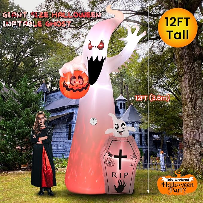 Elegear 12FT Halloween Inflatable Blow Up with Motion-Activated Screaming, 8-Mode Color Changing Flame Lights, Spooky Ghost Halloween Inflatables Outdoor Decorations for Yard Lawn Garden Porch Party