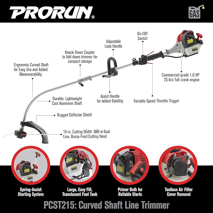 PRORUN 25.4cc 15-in. Gas-Powered 2-Cycle Curved Shaft Trimmer (PCST215)