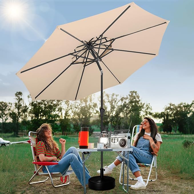 FLAME&SHADE 9ft Patio Umbrella - 2 Tiers Outdoor Umbrella with Push Button Tilt and Crank for UV Protection, Table Market Umbrella for Garden, Deck, Backyard, Pool and Beach(Beige)