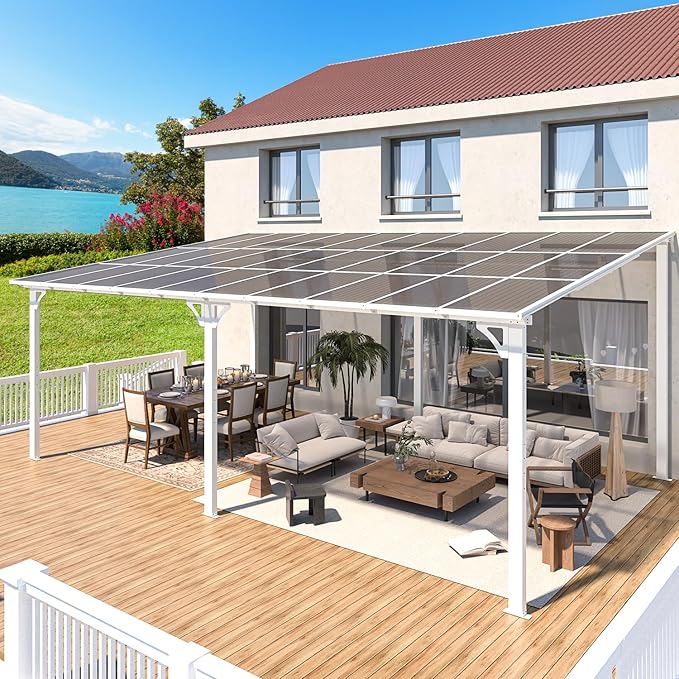 AECOJOY 20' x 12' Gazebo in White, Large Wall Mounted Gazebos on Clearance, Outdoor Patio Lean to Gazebo Metal Awnings for Decks,Patio, Porch, Backyard and More