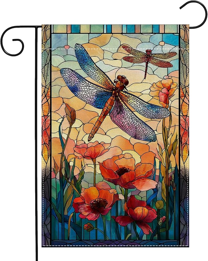 Garden Flags, Dragonfly Garden Flag, Stained Glass Style Dragonfly Floral Flag Double-Sided Flags for Farmhouse Yard Outdoor Decoration-12 x 18inch (Dragonfly2)