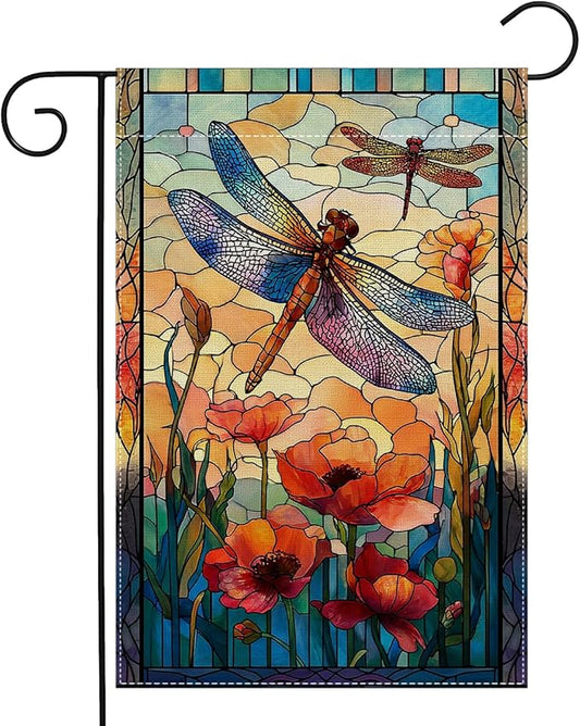 Garden Flags, Dragonfly Garden Flag, Stained Glass Style Dragonfly Floral Flag Double-Sided Flags for Farmhouse Yard Outdoor Decoration-12 x 18inch (Dragonfly2)