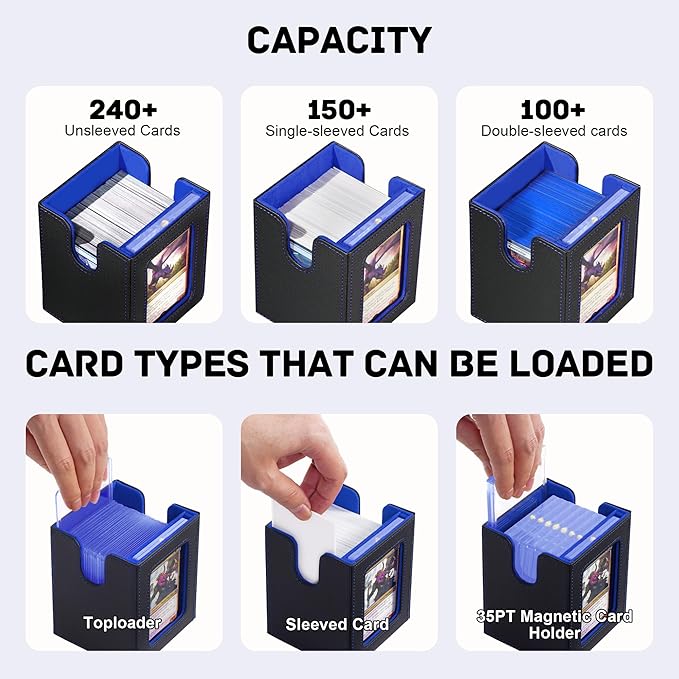 Trading Card Deck Box with Commander Display，3 in 1 MTG Storage Holds 200 Double-Sleeved Cards，2 Deck Boxes & Dice Tray Included，Fits MTG, TCG, PTCG & Sports Cards