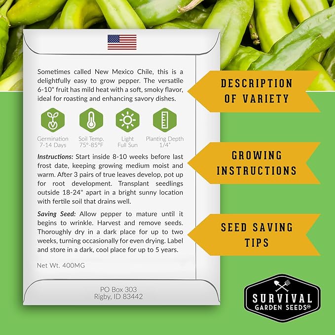 Survival Garden Seeds Anaheim Chili Pepper Seed for Planting - 5 Packets with Instructions to Plant & Grow Mild to Medium Hot Chile Peppers in Your Home Vegetable Garden - Non-GMO Heirloom Variety