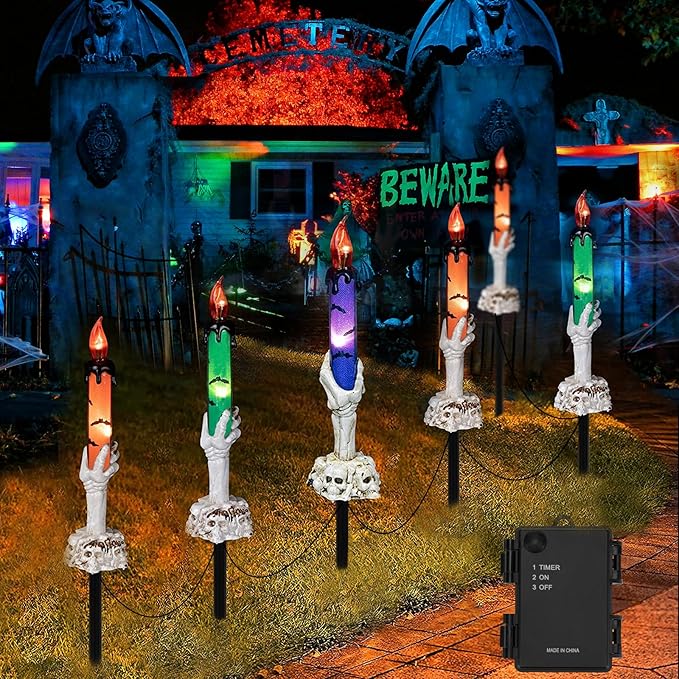 Halloween Decorations, 6 Pack Skeleton Hands Hold Lighted Candle Stakes, Waterproof Battery Operated Pathway Decor with Timer, Light Up for Tabletop Indoor Outdoor Party Lawn Yard Garden Warm White