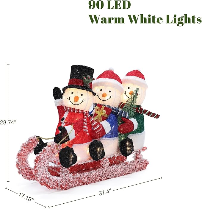 LuxenHome 20" H Lighted Snowman Outdoor Christmas Decorations, Prelit Frosted Snowman Family Trio on Sled Christmas Decor, Illuminated Christmas Decorations Outdoor and Indoor for Yard, Lawn, Porch