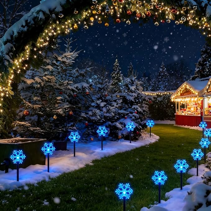 Christmas Snowflake Pathway Lights, 6 Pack Outside Walkway Markers Lights 7.5 Feet Christmas Outdoor Decorations Garden Stake Backyard Decor (Ice Blue)
