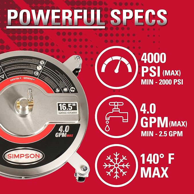 Simpson Cleaning Universal 16.5" Pressure Washer Surface Cleaner, Stainless Steel, for Gas and Electric, Cold Water, 1/4" Quick Connection, Max of 4000 PSI, 80625