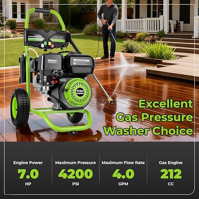 Professional 4200PSI 4GPM 212CC Gas Pressure Washer, 7.0 HP Commercial Gas Power Washer with 1L Foam Bottle 9" Wheels 5 Nozzles 25FT Hose for Home Car Fence Driveway (EPA/CARB/ETL Compliant), Green