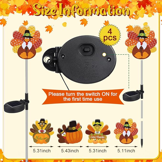 Retisee 4 Pack Thanksgiving Turkey Outdoors Cute Solar Lights Multicolor Patterned Solar Waterproof Lights Outdoor Yard Decorations Pathway Lawn Porch Fall Party Supplies for Home Yard Party Favors