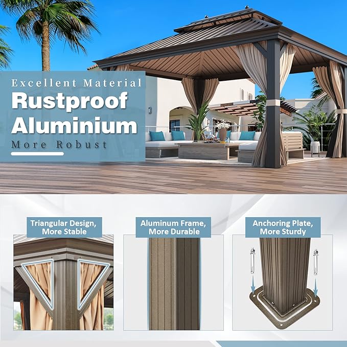 MELLCOM 12'x16' Hardtop Gazebo, Galvanized Steel Metal Double Roof Canopy with Curtains and Netting, Brown Permanent Pavilion Gazebos with Aluminum Frame for Patio, Lawn & Garden