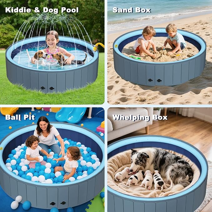 UCCY 2-in-1 Foldable Dog Pool for Large Dogs Hard Plastic Splash Sprinkler Kiddie Swimming Pool Non-Slip Portable Dog Bathtubs Collapsible Multi-Use Whelping Box Ball Pit Duck Pond Grey L-48"x12"