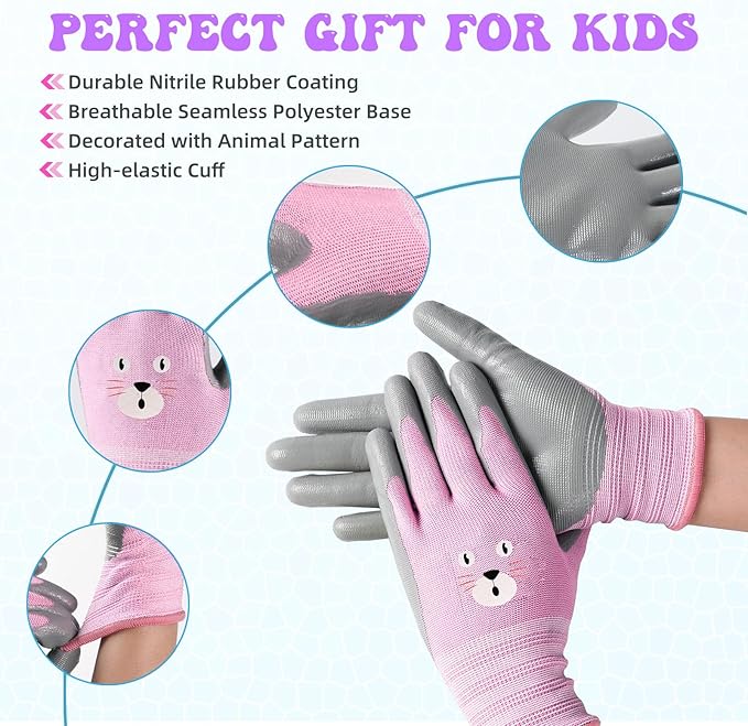 ANDANDA Kids Gardening Gloves, Nitrile Coated Children Yard Work Gloves with Grip, Suitable for Toddlers, Children, Girl, Boy