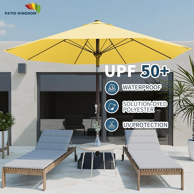 PatioKingdom Auto-Tilt 9FT Patio Umbrella Outdoor with 8 Sturdy Fiberglass Ribs,Market Table Umbrella for Pool,Backyard,Deck and Garden