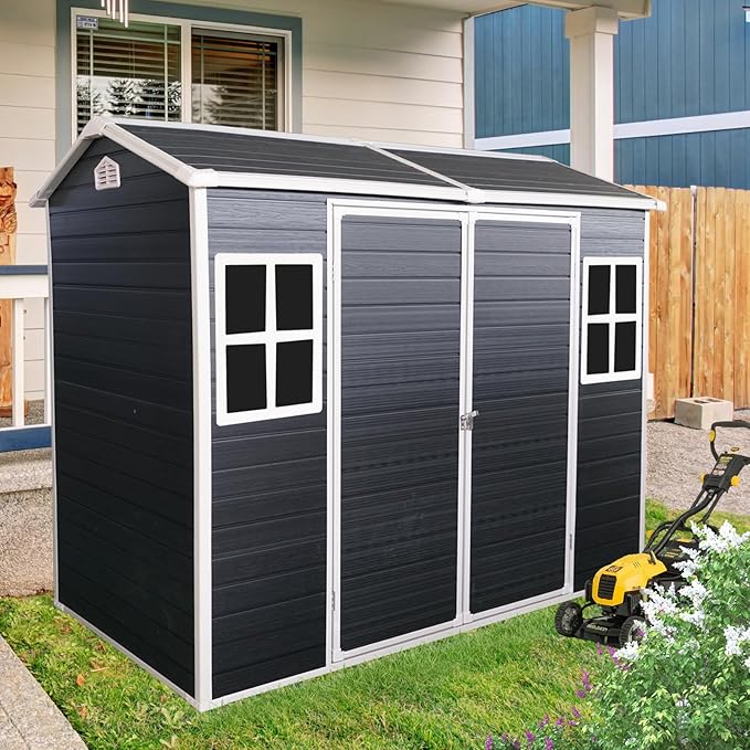 8x4ft Resin Outdoor Storage Shed with Two-Window and Double-Door, Plastic Shed with Floor for Gargen, Patio, Yard, Lawn, Grey (1 Doors) (Black, 4x8ft)