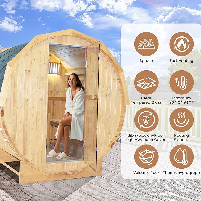 Outdoor Barrel Sauna 4 Person Traditional Steam Sauna 220V Wood Personal Spa Room with 4.5KW Heater Thermometer Hourglass Cup Holders 59''x74.21"x75.85"
