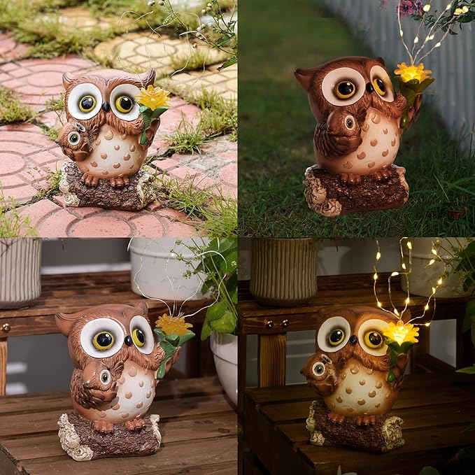 Solar Garden Statues Outdoor Decor, Fairy Owl Statue Garden Decor, Resin Yard Decorations Outdoor for Patio, Porch, Balcony, Lawn Ornaments, House Warming Birthday Gifts for Mom Women Grandma