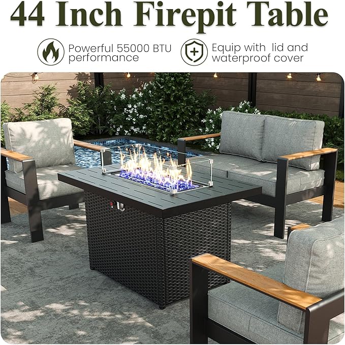 LayinSun 7 Piece Aluminum Outdoor Furniture Set with Fire Pit Table, Outside Patio Deep Seating Conversation Set with Upgraded Washable Thick Cushion