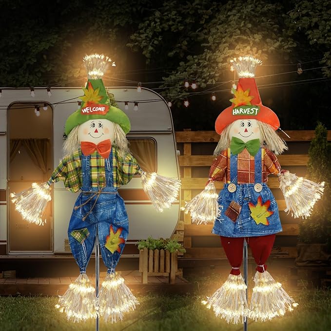 Fall Decorations Outdoor Scarecrow with Firework Lamp, Solar Powered Autumn Harvest Thanksgiving Halloween Decor for Yard,Garden,Porch, Farmhouse - 39 Inch