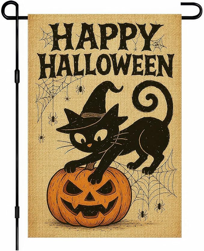 Happy Halloween Garden Flag 12x18 Inch Double-Sided Black Cat Flags Pumpkin Spider Web Design Fall Outdoor Decoration Polyester Yard Banner for Porch or Lawn
