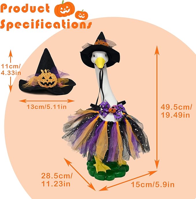 Halloween Porch Goose Statues with Outfits Decor - 20" Big White Goose Resin Figurine, Autumn Halloween Goose Outfits with Hat Bow Tie for Party Decoration, Porch, Yard, Patio, Lawn,Women/Girl Gift