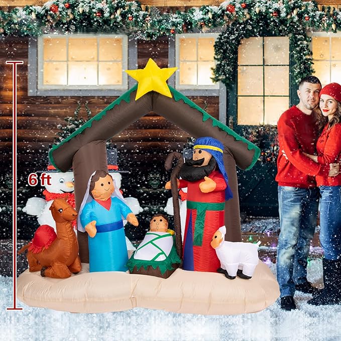 MUMTOP 6 FT Christmas Inflatables Outdoor Decorations - Nativity Scene Nativity Sets Inflatable Outdoor, Built-in LED Light Christmas Blow Up Yard Decorations