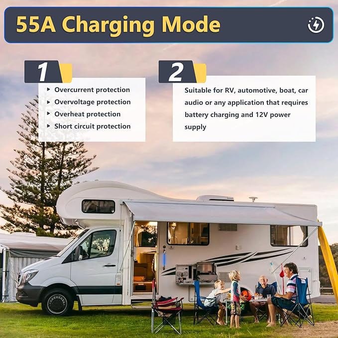 RV Converter 55Amp RV Power Converter Built-in 4 Stage Smart Battery Charger for 110VAC to 12VDC RV Power Converters, Fully Adjustable Output from 13V to 16.5V