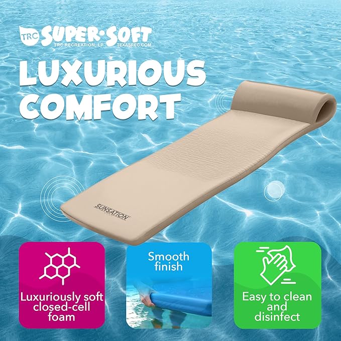 TRC Recreation Sunsation Vinyl Coated Foam Swimming Pool Float Mat Adult Lounger with Built-in Roll Pillow