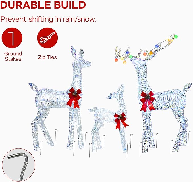 Outdoor Lighted Reindeer Family Christmas Decor, 52" H Iridescent Deer 3D Holiday Yard Decorations with 200 White LED Lights, 3-Piece Set, Perfect for Lawn, Gardern