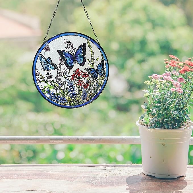 Lager Butterfly Suncatchers for Windows, Butterfly Stained Glass Window Hanging，6.3 inch