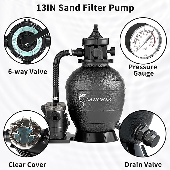 LANCHEZ 13" Sand Filter Pump for Above Ground Pool, 3/4 HP, Max 3500 GPH for Pools Up to 11000GAL, 6-Way Valve Pool Sand Filter System with Strainer Basket, Enhanced Circulation for Crystal-Clear Pool
