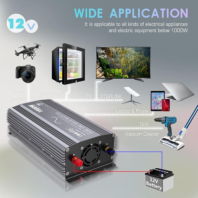LEESKY 1000W Pure Sine Wave Power Inverter 12V DC to 120V AC Converter with LCD Remote Controller UL-Certified Fuses Compatible with Lithium Battery Starlink for Car RV Truck Solar Home Off-Grid Use