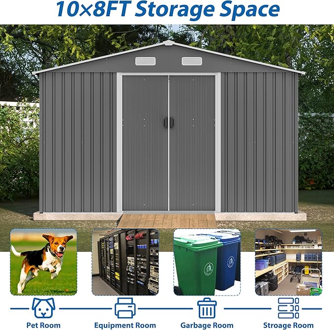Favfurish Outdoor Storage Shed 10x8 FT with Lockable Sliding Doors,Metal Waterproof Tool Sheds W/Sloped Roof and Vent,for Backyard,Patio,Lawn,Grey