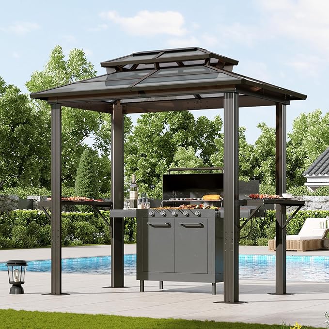 Aoxun 8'x5' Hardtop Grill Gazebo, Outdoor Barbecue Gazebo with Double Polycarbonate Top & 2 Side Shelves & Hooks, Aluminum Grill Canopy for Patio, Lawn, Garden (Brown)