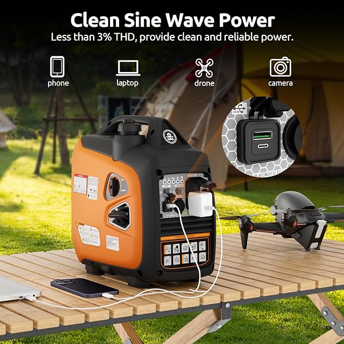 Portable Inverter Generator 2500W Gas Powered, Long Runtime Gas Generators for Home Use, Camping, Super Quiet Emergency Home Backup, with CO Sensor, EPA Compliant, Package of 2