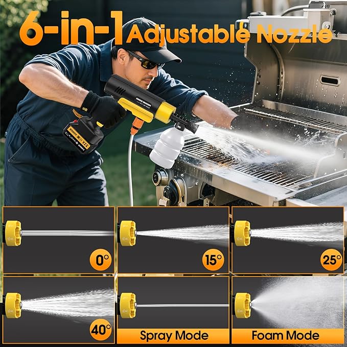 Battery Pressure Washer Electric Power Washer Cordless,130Bar/1885PSI Cordless Pressure Washer Battery Operate with 3.0Ah Battery&Charger&6-in-1 Nozzle, 3 Power Level Handheld Portable pressure washer
